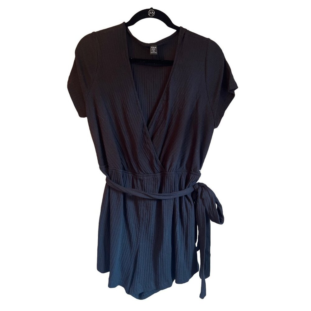 Shein Curve Black Ribbed Wrap Romper With Tie Waist 1XL